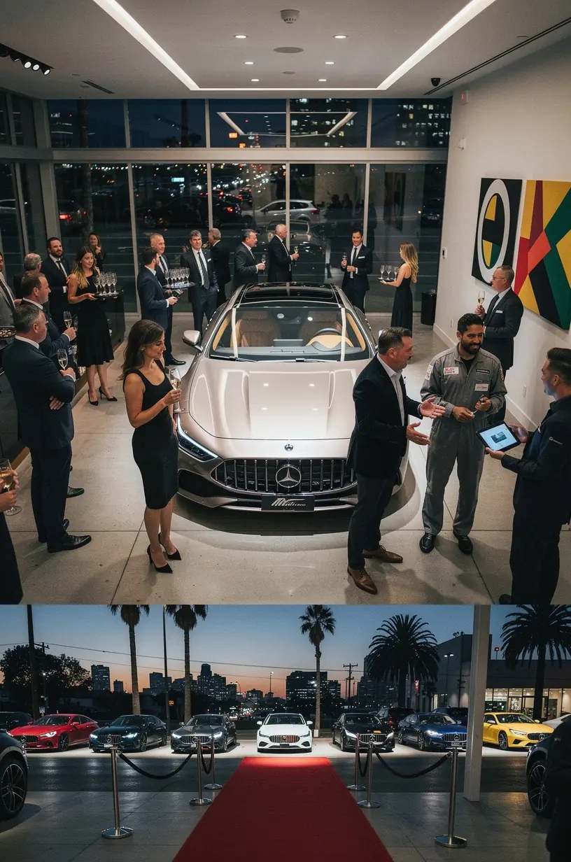 Customer consulting with a service advisor in a luxury vehicle boutique, discussing maintenance plans for a premium European brand
