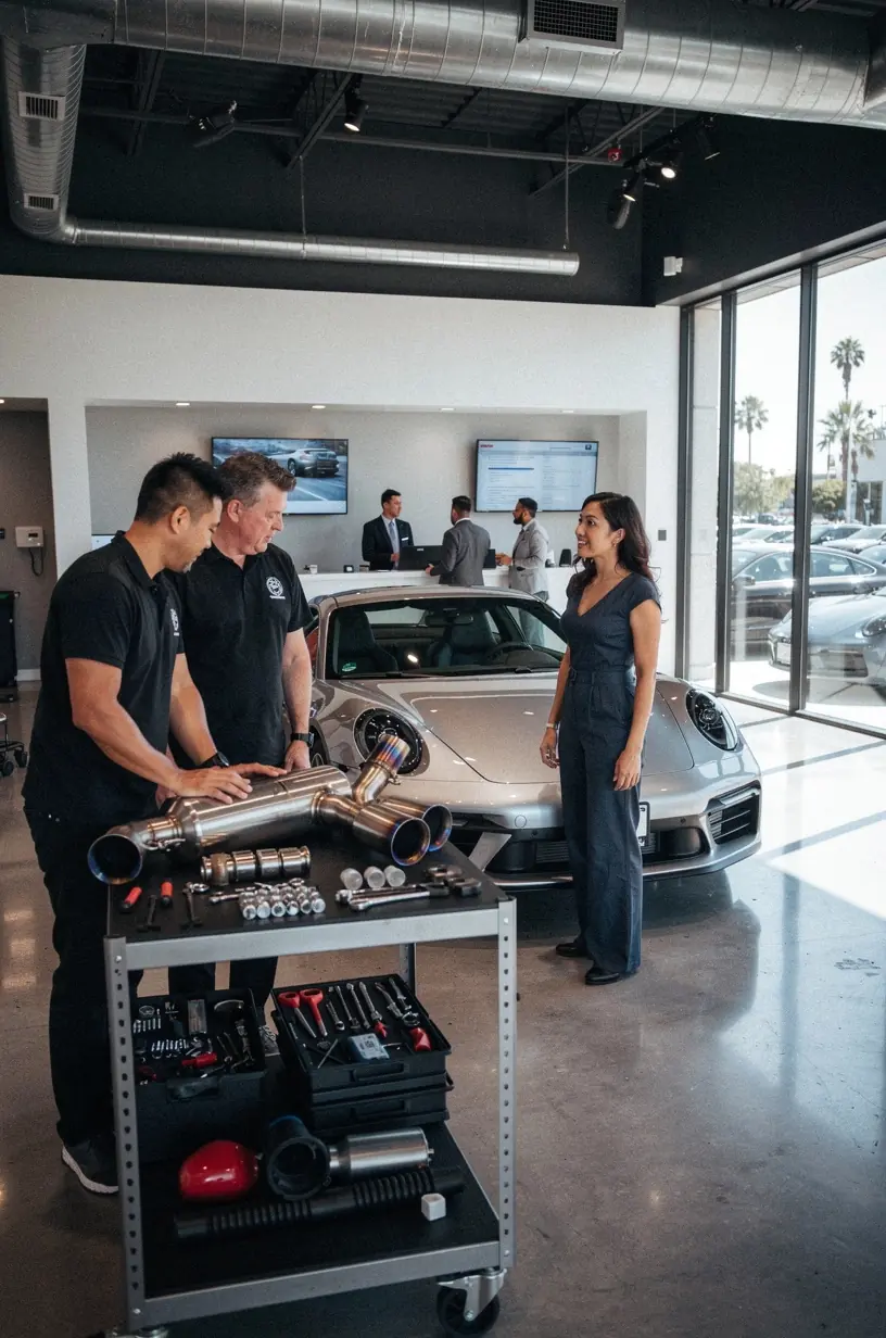 Well-lit service lounge area of a Los Angeles boutique offering transparent and educational vehicle service experiences for luxury car owners