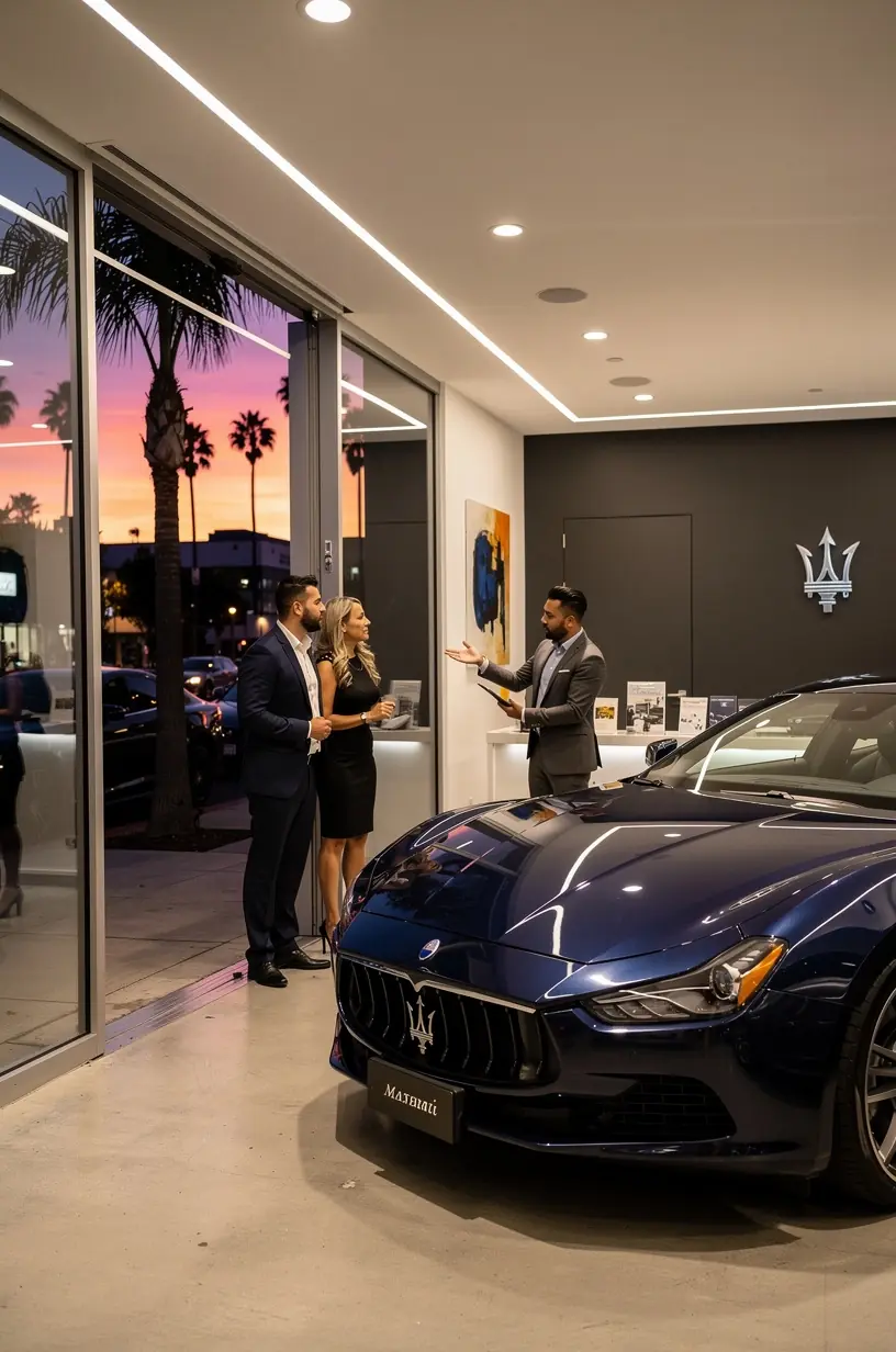 Exterior shot of a sleek luxury car parked outside a modern Los Angeles European vehicle service center